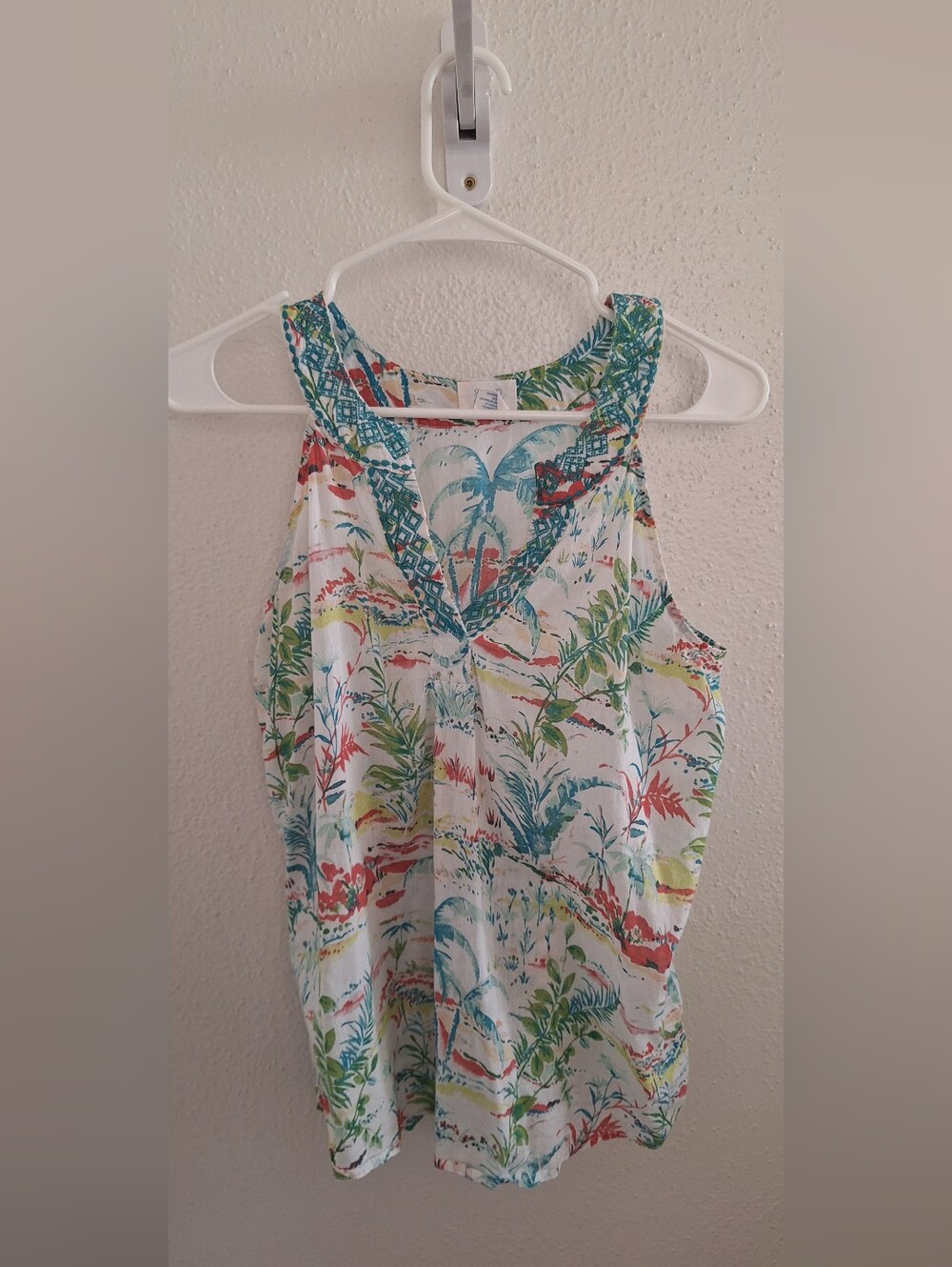Sigrid Olsen White Multi Tropical-Print V-Neck Tank
